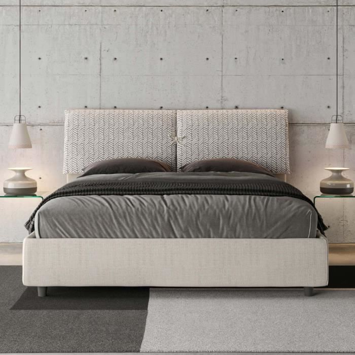 Lit Mados 160x200 sans sommier - Giada 1 Aragona 1 - Blanc - Double bed with Padded Girou in Aragon fabric Lit Mados 160x200 sans sommier - Giada 1 Aragona 1 - Blanc - Double bed with Padded Girou in Aragon fabric