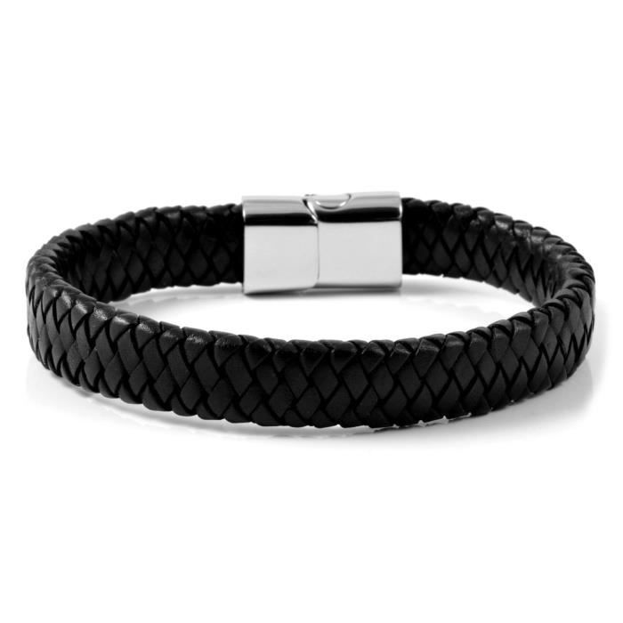 Bracelet pour homme cuir tressé noir fermoir acier inoxydable jerico 22cm -  Achat / Vente bracelet - gourmette Bracelet pour homme cuir Cuir - Soldes  sur Cd