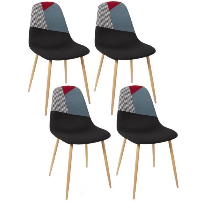lot de 4 chaises patchwork first - toilinux - style scandinave moderne - tissu métal - noir rouge blanc bleu