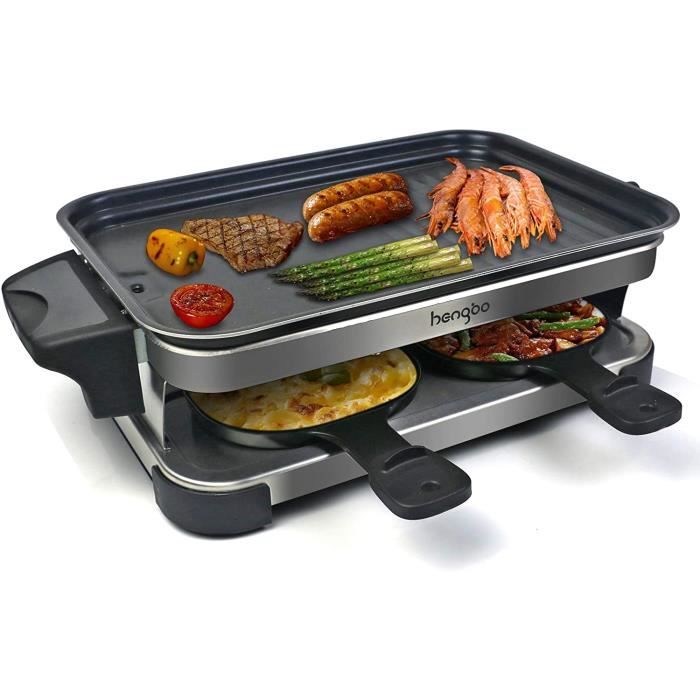 Raclette 4 Personnes Appareil Raclette avec Rev/êtement Anti-Adh/ésif Facile /à Nettoyer Comprend Am/élior/é 4 Po/êles /& 4 Spatules en Bois R/éservoir dhuile 1300w