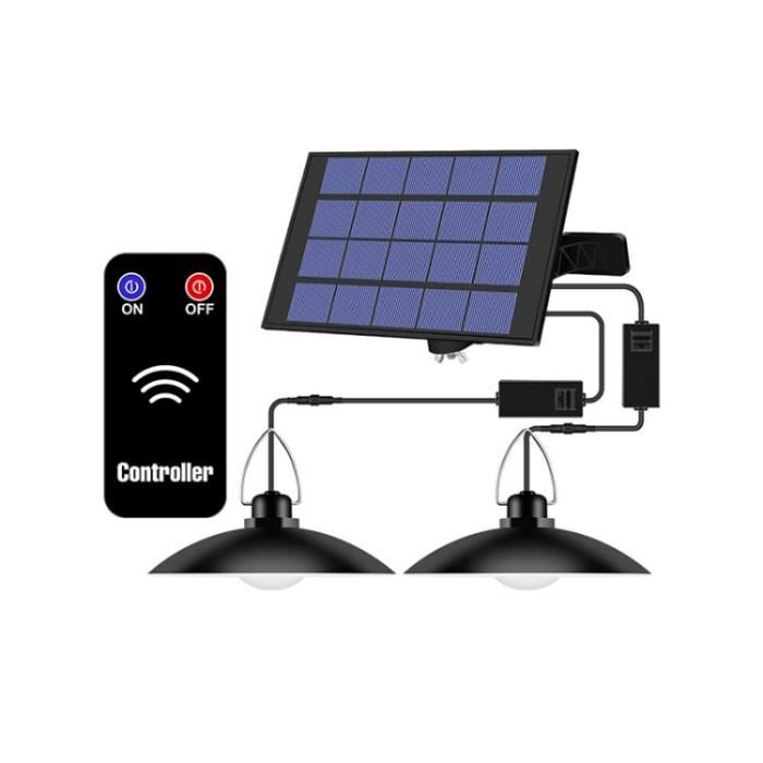 Lampe à suspension solaire avec télécommande câble 3M pour balcon garage jardin - double tête s/lumière blanche