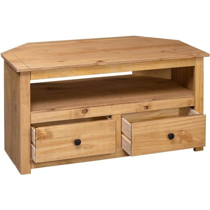 Meuble TV dangle contemporain en pin massif - Marron - HB065 - Avec 2 tiroirs et un compartiment ouvert