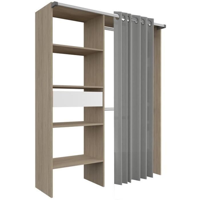Kit dressing ARTIC avec rideau - Décor Chêne - 1 colonne + 2 penderies + 1 tiroir - L 143,5 X P 48 X