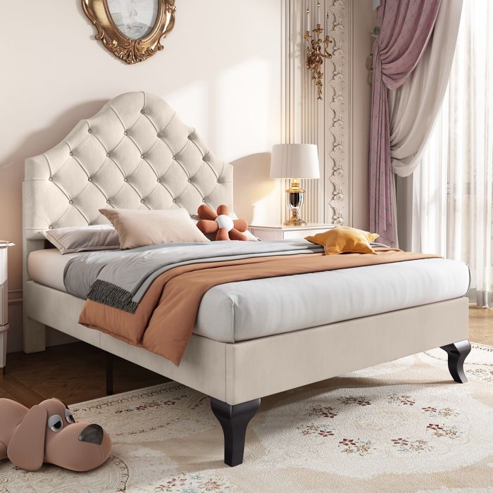 Lit simple capitonné 90*200 cm avec sommier à lattes et tête de lit réglable - Beige