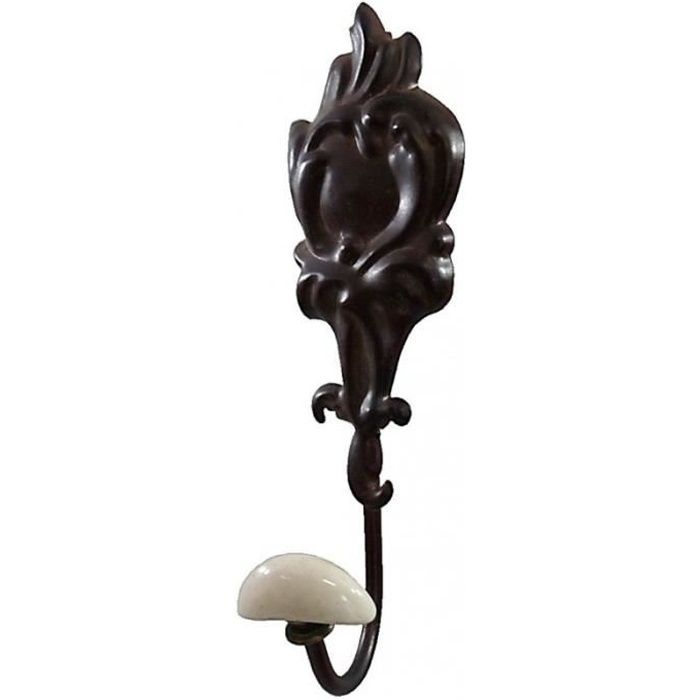 Patère Unique Crochet Porcelaine Porte Torchons Manteaux ou Serviettes en Fer Patiné Marron 6x6 5x23cm