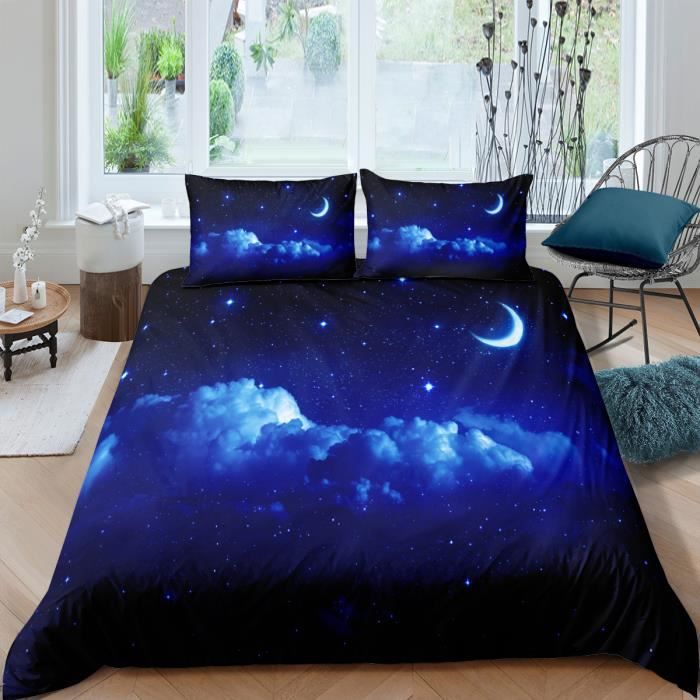 Ciel détoiles nuage lune nuit Parure de lit 3 pieces 1 housse de couette 220*240cm et 2 taies doreillers 63*63cm