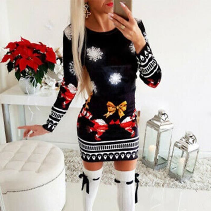 Mini robe de noel pour femmes dames a manches longues pull robes hauts Noir Noir Cdiscount Pret a Porter