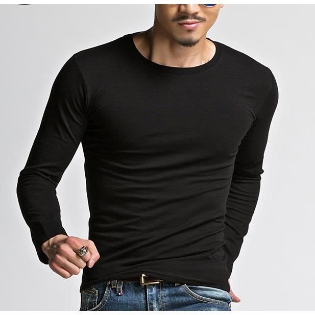 Homme coton T-Shirt Couleur unie manche longue slim Casual O-Neck tee shirt Tops Noir