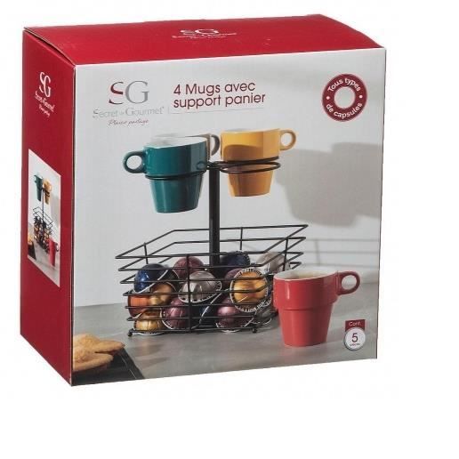 Secret De Gourmet - Set Di 4 Tazze Floreali In Porcellana Bianca Con Supporto In Metallo Nero, Perfetto Per Arredare La Cucina