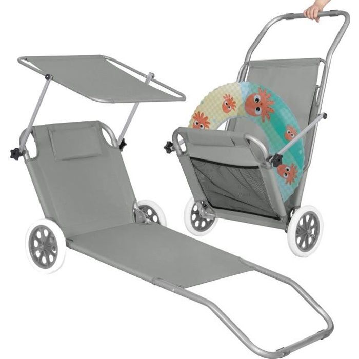 Chaise longue - SPRINGOS - Inclinable - Appui-tête - Roues en caoutchouc - Pare-soleil - Gris