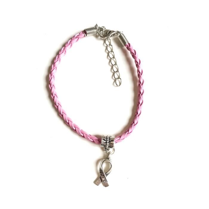 Bracelet octobre rose. Bracelet en simili cuir rose avec un ruban argenté HOPE