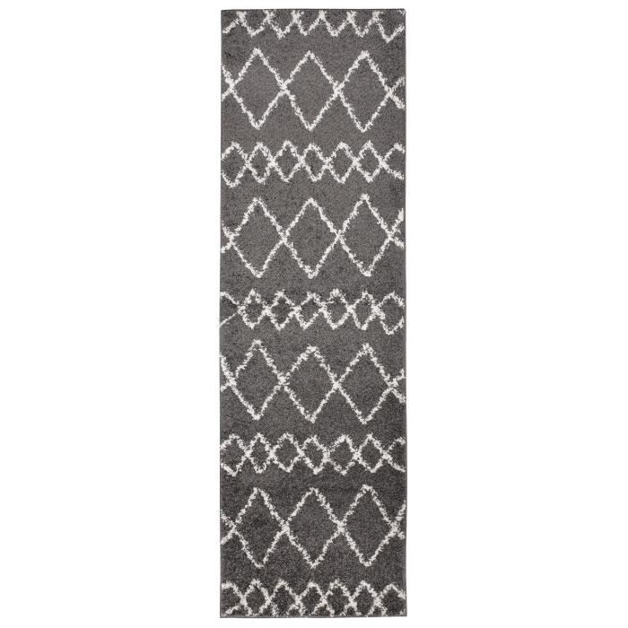 TAPISO Tapis Couloir Shaggy Poils Longs DELHI Gris Crème Losanges