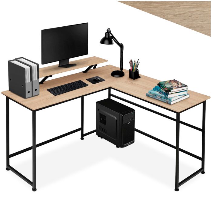 Bureau - TECTAKE - Bureau en L MELROSE au style industriel avec fixation du moniteur coulissant 140 x 130 x 765 cm - Bois clair