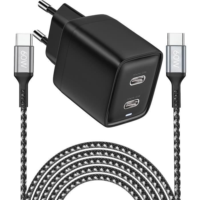 Chargeur Usb C, 40W 2Ports Chargeur Rapide Usb C Avec 2M Câble Usb C