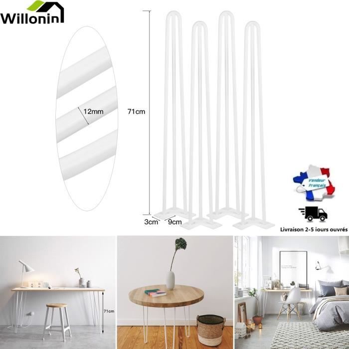 Pieds de bureau Willonin® 71cm avec 3 tiges - 4pcs - Support de meuble Blanc En Épingle