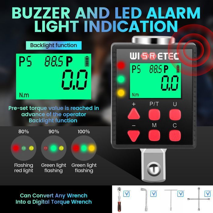 Adaptateur De Couple Numérique - Double Unité (Nm Et Lb-ft) - Alarme Sonore Et Lumineuse - Pour Clé à Cliquet 1/2'' - Précision Professionnelle