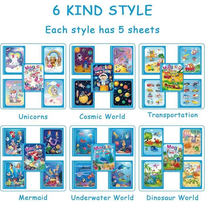 Livre De Coloriage Magique à L'Eau 6 Thèmes - Réutilisable Avec Stylo, Idéal Enfants 2-6 Ans
