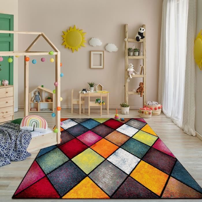 Tapis Poils Ras Motif Géométrique - 60x110 Cm - Gris - Pour Salon, Chambre - Compatible Chauffage Au Sol