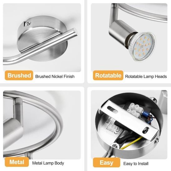 NETTLIFE 4 Spots GU10 Max.25w Plafonnier LED Noir Salon Spot Orientable à 350° Pour Couloir