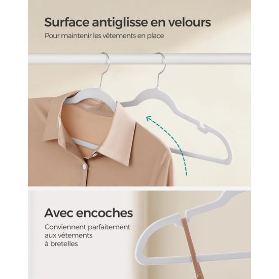 Cintres Velours ABHENG - Lot De 50, Blanc, Crochet Pivotant 360°, Économie D'Espace, 43.5cm