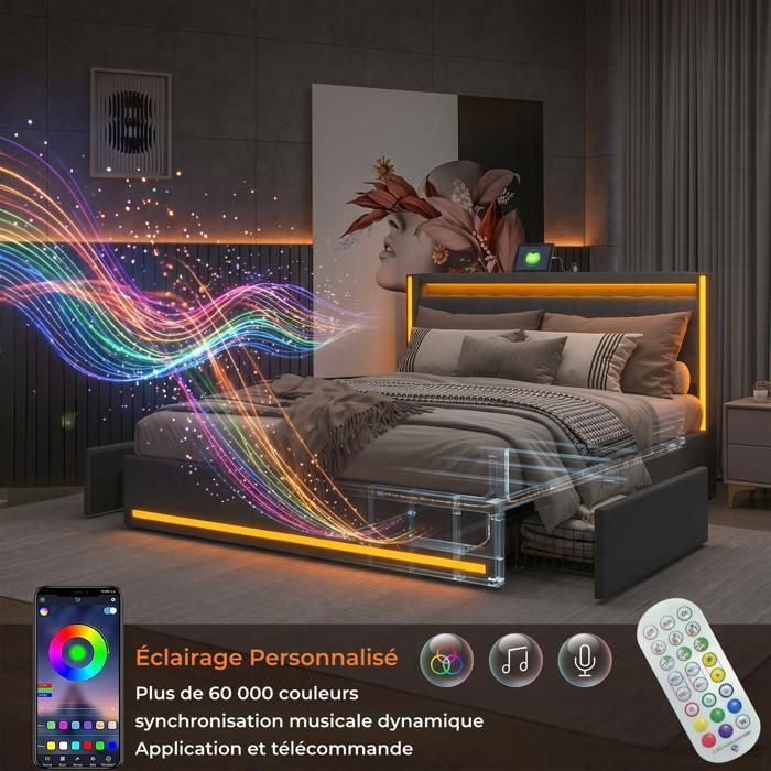 Lit Double Rembourré 140x200cm, Lit Coffre Hydraulique Avec USB Type C, éclairage LED Et Tête De Lit Coffre, Cadre De Lit Fonctionnel Avec Sommier à Lattes, PU, ​​blanc (livraison Locale