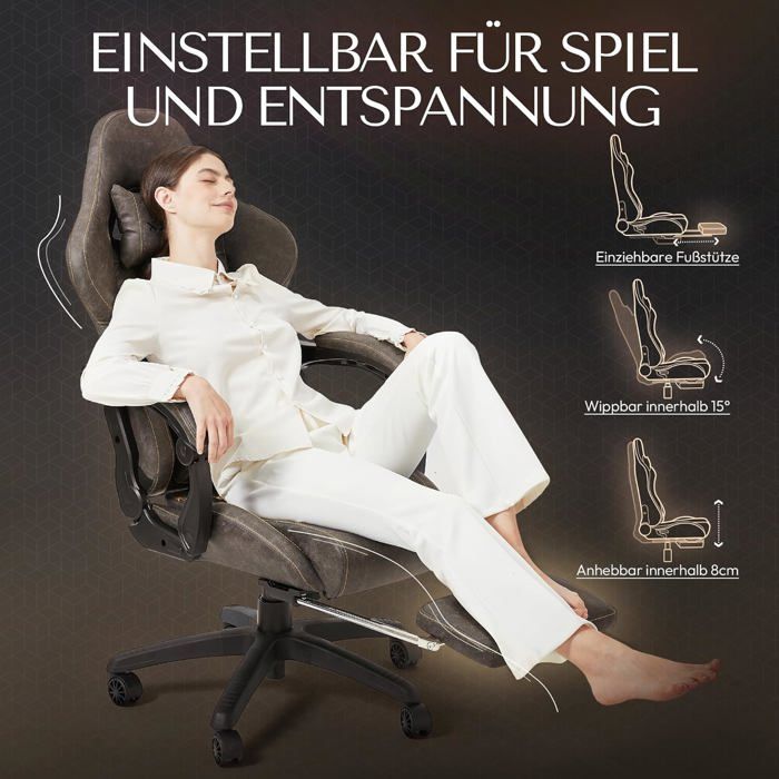 Chaise Gaming Ergonomique - Dowinx - Marron - Repose-Pieds - Massage Lombaire - Réglable - Maison