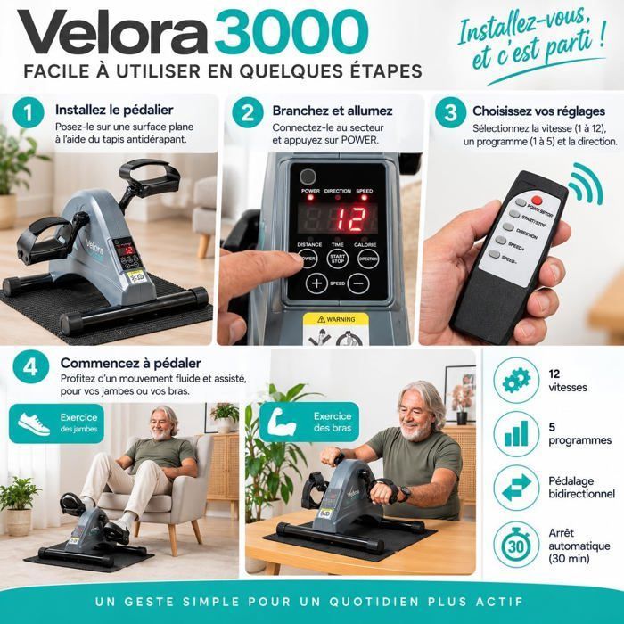 Pédalier Électrique Avec Télécommande - Mini Vélo Appartement 12 Vitesses Auto + 6 Manuelles - Silencieux Seniors