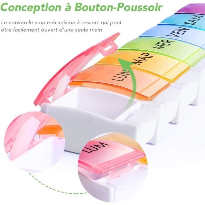 Pilulier Hebdomadaire Français - 14 Compartiments (matin/soir), Multicolore, Facile à Ouvrir