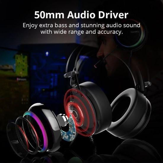 Tronsmart Alpha Casque Gaming avec Micro pour PS4 Xbox One PC Surround Ecouteur de Jeux St/ér/éo avec R/éduction de Bruit// LED Lumi/ères// Pilote 50 mm Casque de Jeu avec Control Audio Int/égr/é