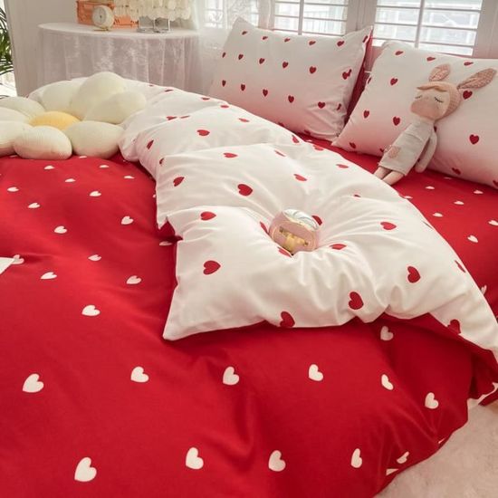 Housse De Couette 200x200 Cm Rouge à Motifs + 2 Taies 65x65 Cm - Parure De Lit En Microfibre - Fermeture Éclair - 2