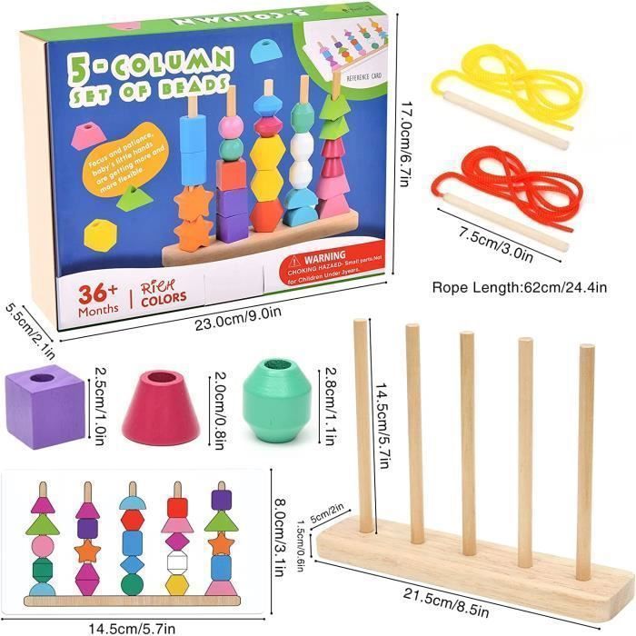 Chithor – Jeu Montessori 3 En 1 – Perles De Laçage Et Empilage En Bois – Pour Filles Et Garçons 2-5 Ans