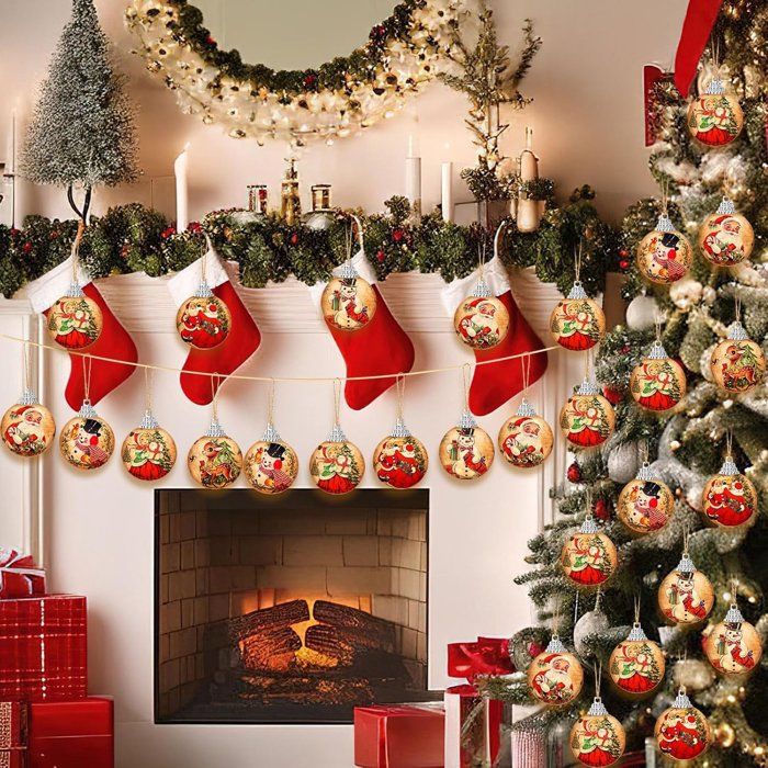Boule De Noël Vintage Motif Père Noël - Décorations Sapin 8cm - Style Rétro Chalet, Bonhomme De Neige