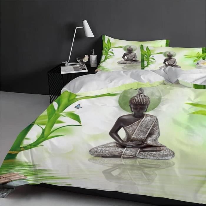 Housse De Couette 220x240 Cm Zen - Motif Bambou - Microfibre Douce - Parure De Lit 2 Personnes