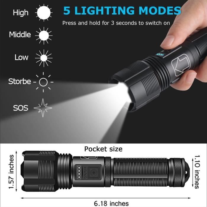 Lampe torche LED rechargeable haute luminosité, 5000 lumens, avec batterie,  zoomable, étanche IPX6, 5 modes, lampe de poche pu[177] - Cdiscount  Bricolage