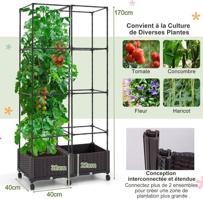 Jardinière surélevée sur pilotis avec treillis pour plantes, à roulettes 79 x 28,5 x 130 cm laqué blanc - Luxembourg