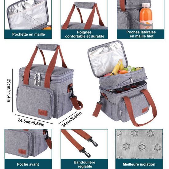 Sac Isotherme Rond, Sac Isotherme Repas Réutilisable Lunch Bag Sacs à Tarte Isothermes Ronds étanche Sac Dejeuner Pour Pique-Nique école Bureau, 27,9 X 17,8 Cm (Rouge