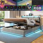 Lit double 140x200 cm - NMONET - Velours gris - LED - USB et Type C - Lit coffre moderne