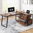 Tribesigns Bureau d'ordinateur en forme de L avec 3 tiroirs, 135 cm Bureau d'angle Réversible avec étagères pour PC, Marron rustique