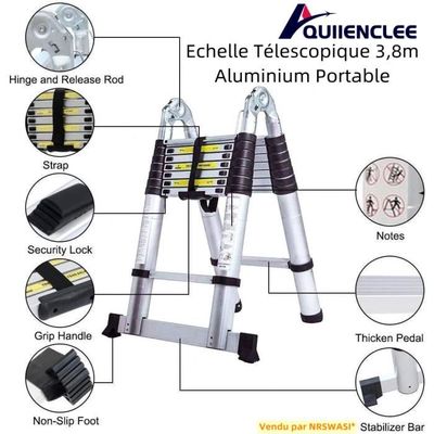 Echelle Télescopique 3,8m Aluminium Portable - QUIIENCLEE - Argent noir -  Cdiscount Bricolage