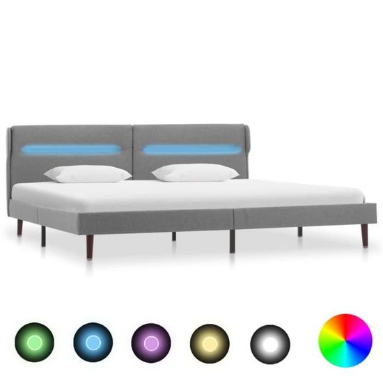 133•Modern Design Lit Rembourré|Cadre de lit avec LED Adulte Contemporain Sommiers à Lattes|Lit 2 Places Gris clair Tissu 140 x 200
