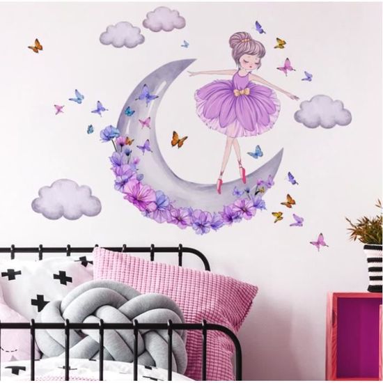 Autocollant Mural Fille Papillons & Lune - Sticker Déco Chambre Enfant 30x60cm