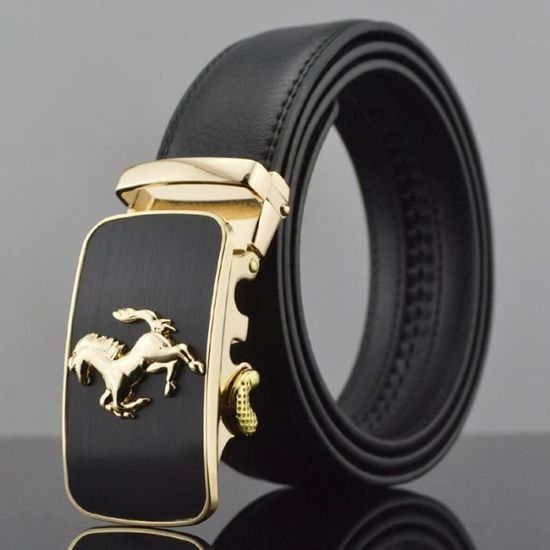 Ceinture Homme En Cuir De Vachette Noir - Boucle Automatique à Motif Cheval, Taille 125 (3,5 Cm)