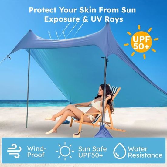 Tente Plage Familiale 2-3 Personnes - Anti-UV 50+, Portable, Coupe-vent - Idéale Plage, Jardin