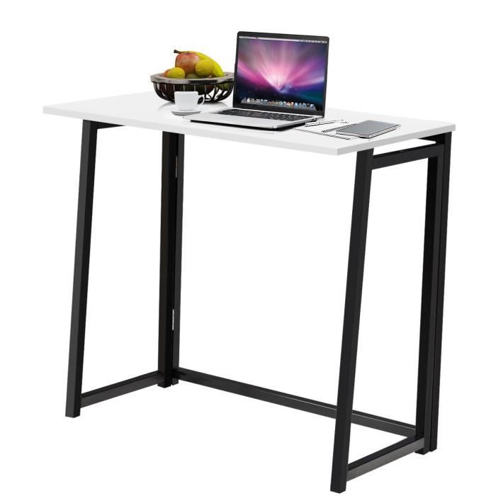 COSTWAY Bureau d'Ordinateur en Bois Pliable Table de Bueau Rectangulaire Cadre en Acier sans Assemblage pour Salon/Domicile Blanc
