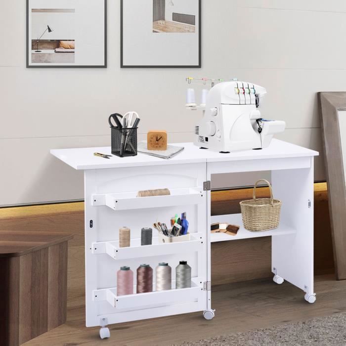 GIANTEX Table de Couture Pliante pour Machine à Coudre avec Roulettes,4 Étagères de Rangement,Bureau avec Roulettes,Blanc