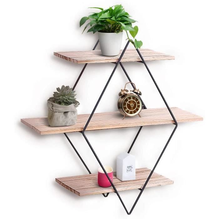 king do way Étagère Murale Design, Étagère Industrielle Vintage en Bois et Métal Étagère Losange avec 3 Étagères pour Chambre Cuisin