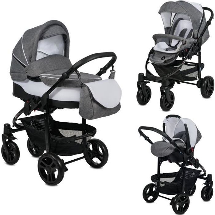 Poussette Combinée Trio 3 en 1 B&W Gris / Blanc - Livrée avec ses accessoires