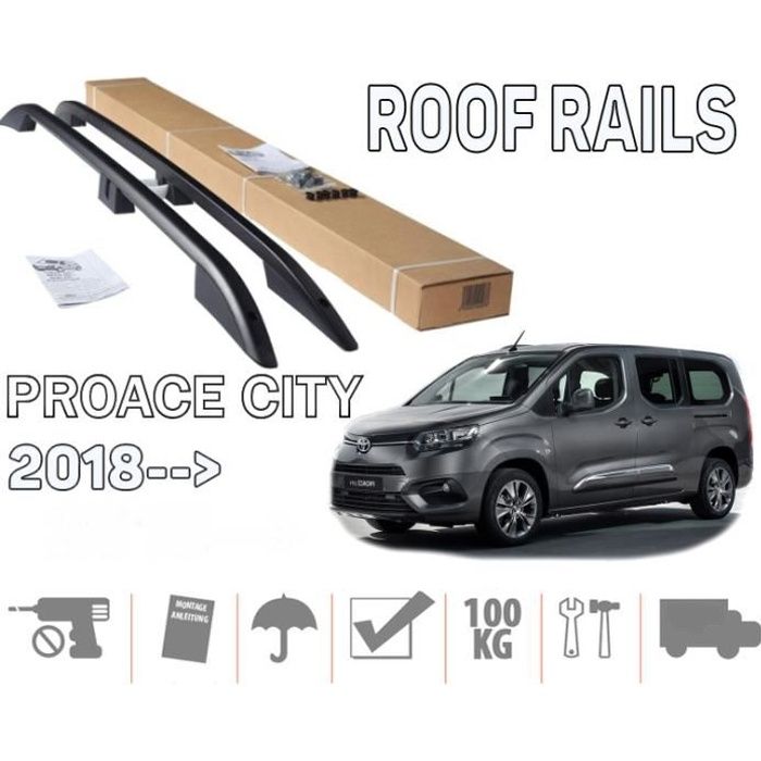 Barres de toit pour Toyota Proace City Verso 2019>2021 long (LWB) longitudinales noir alu + pieds plastique
