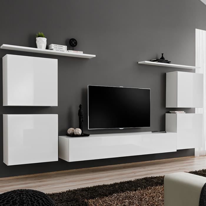 Ensemble TV mural blanc laqué SALANDRA 3 Blanc L 320 x P 40 x H 150 cm