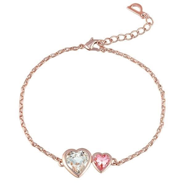 Bracelet Double Coeurs en Cristal Swarovski Elements Rose et Blanc et Plaqué Or Rose